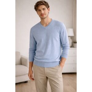 Mario‎ Gilberti Men L Sweater Blue 100% Merino Extrafine Wool V-Neck Pullover